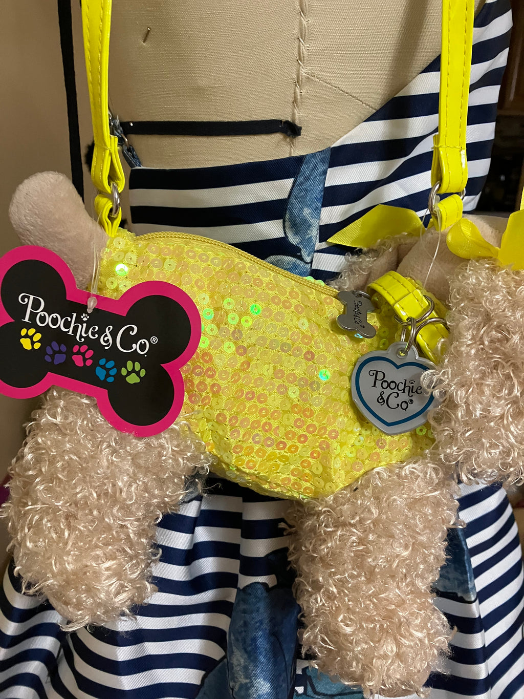 POOCHIE & CO Girls Yellow Sequined Puppy Purse & Tan Plush Dog Puppy