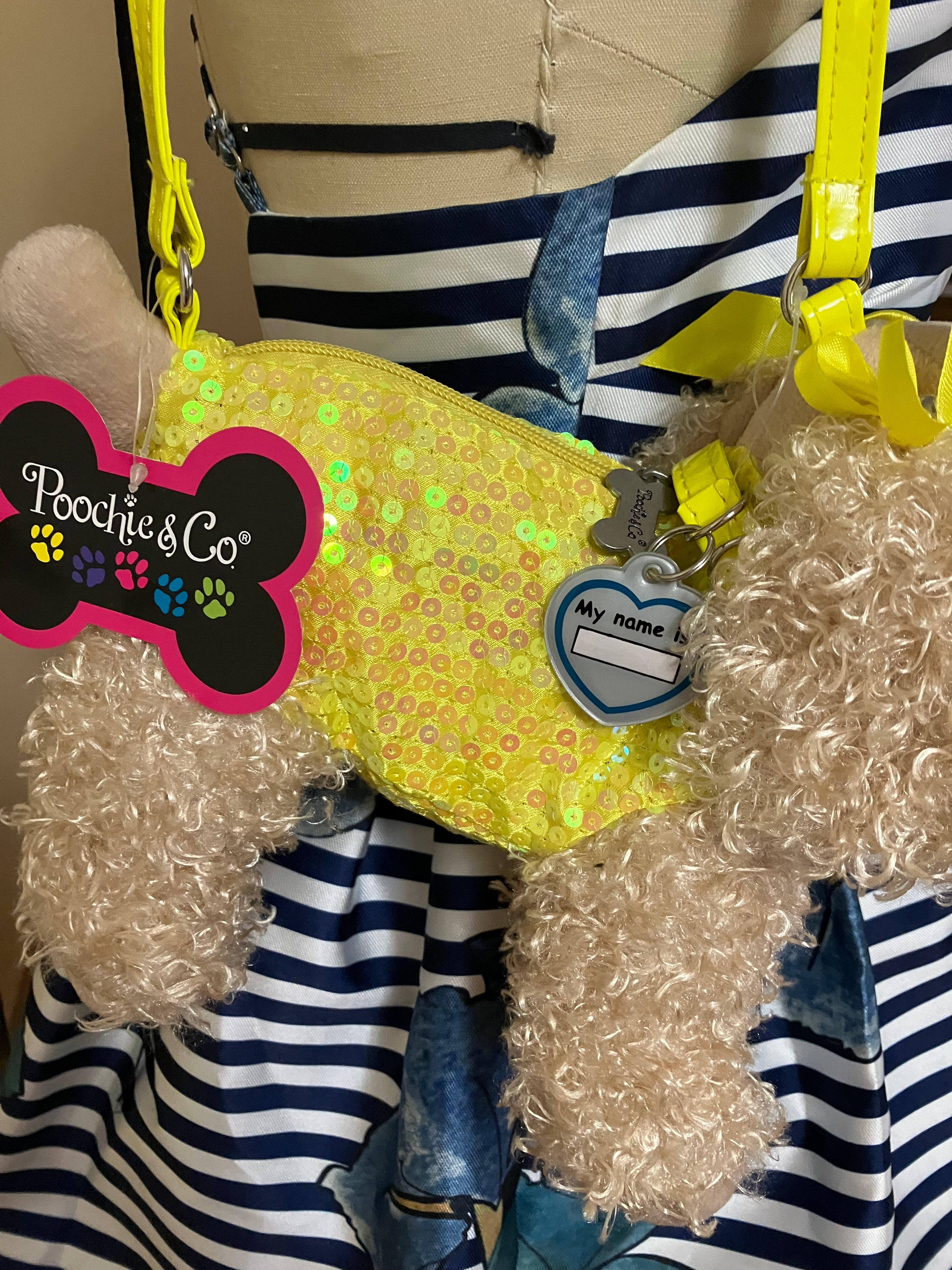 POOCHIE & CO Girls Yellow Sequined Puppy Purse & Tan Plush Dog Puppy