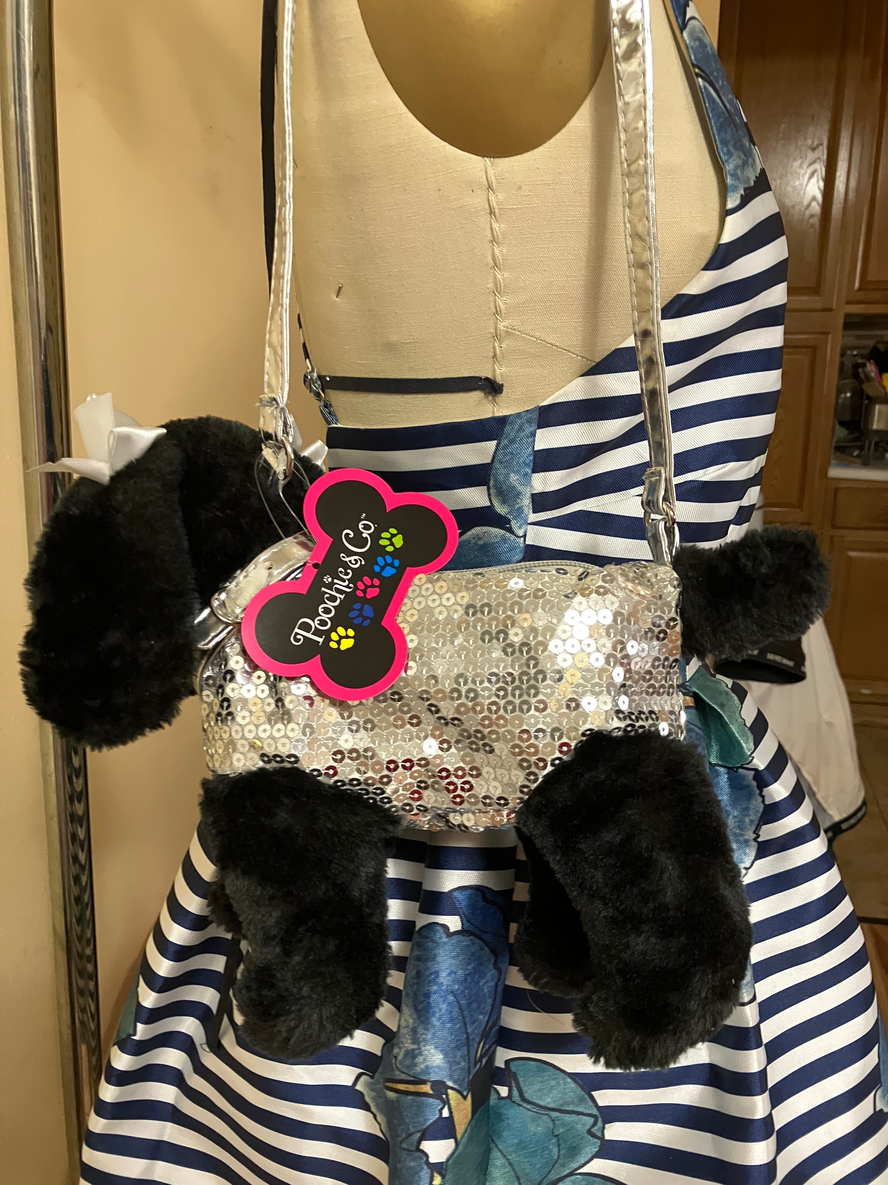POOCHIE & CO Girls Silver Sequined Puppy Purse & Black Plush Dog Puppy