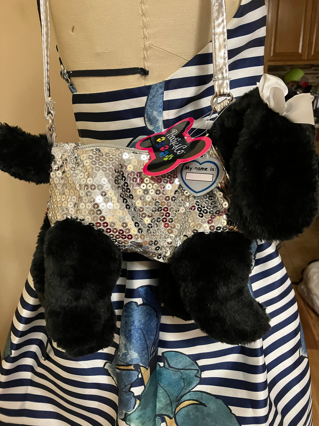 POOCHIE & CO Girls Silver Sequined Puppy Purse & Black Plush Dog Puppy
