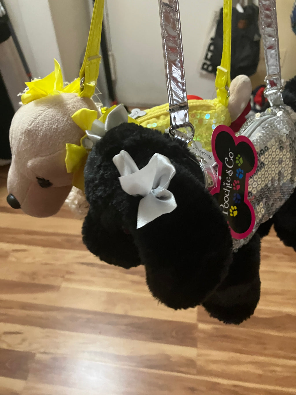 POOCHIE & CO Girls Silver Sequined Puppy Purse & Black Plush Dog Puppy