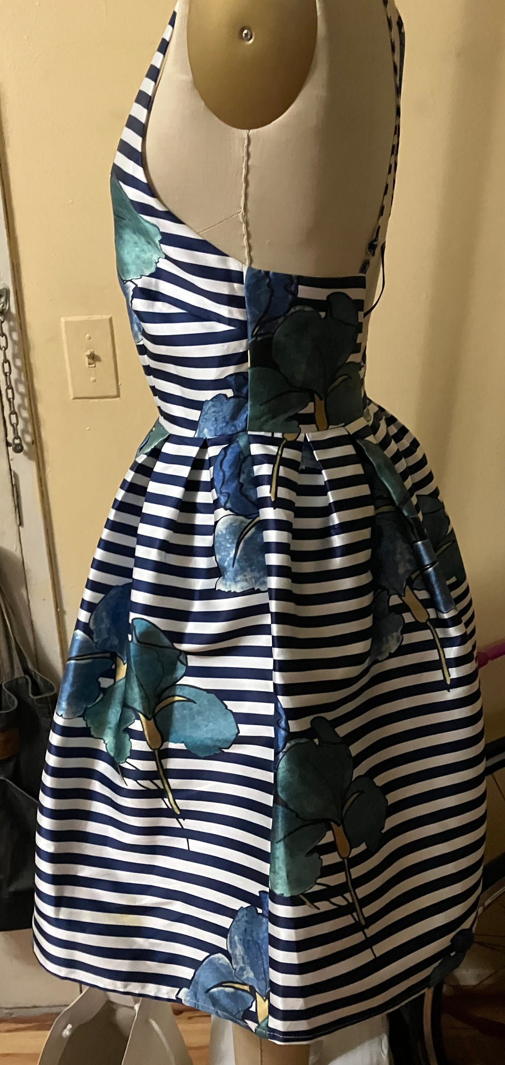 LIKE NEW - Navy Stripe Floral Appliqué Fit & Flare Dress – Size Small