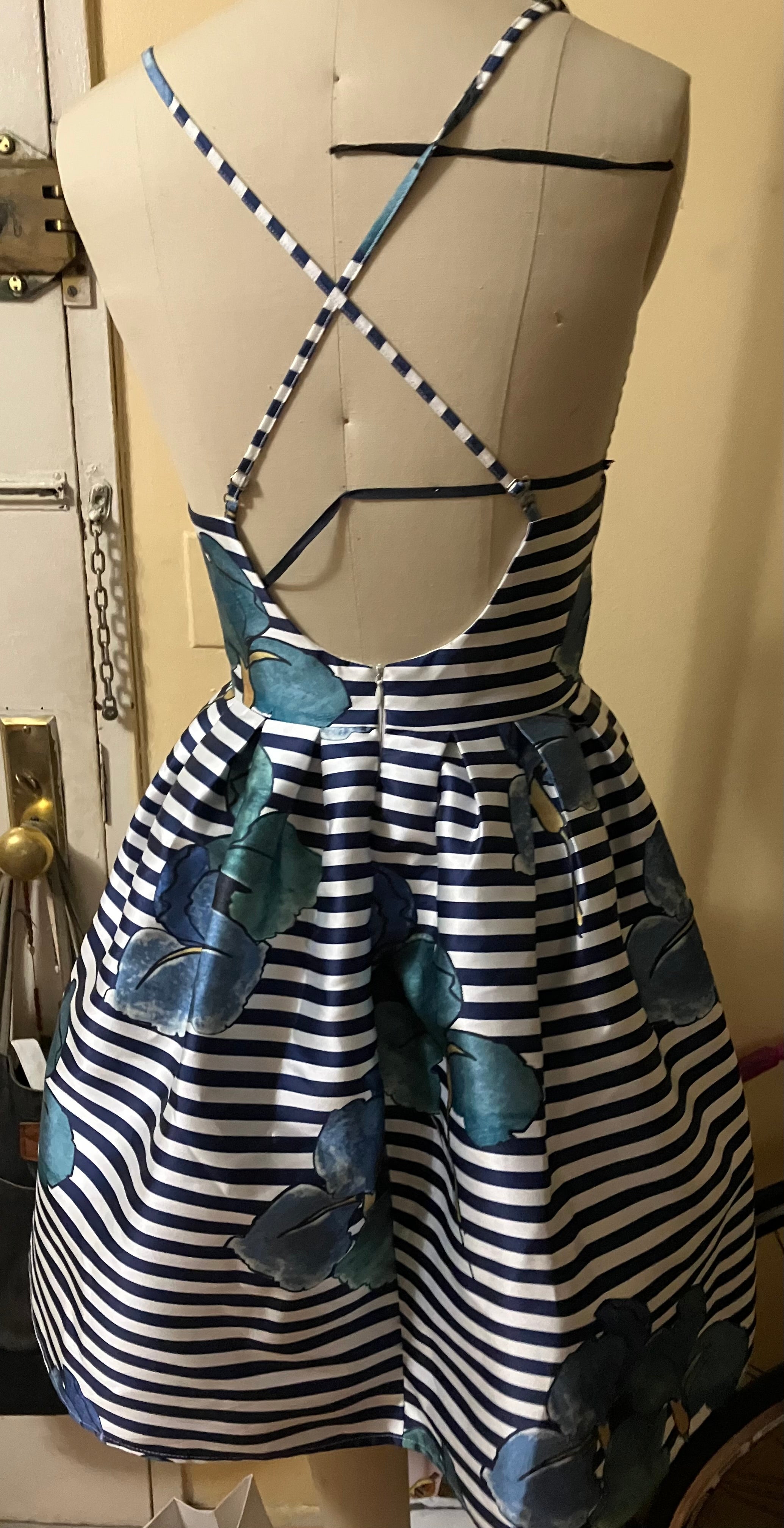 LIKE NEW - Navy Stripe Floral Appliqué Fit & Flare Dress – Size Small