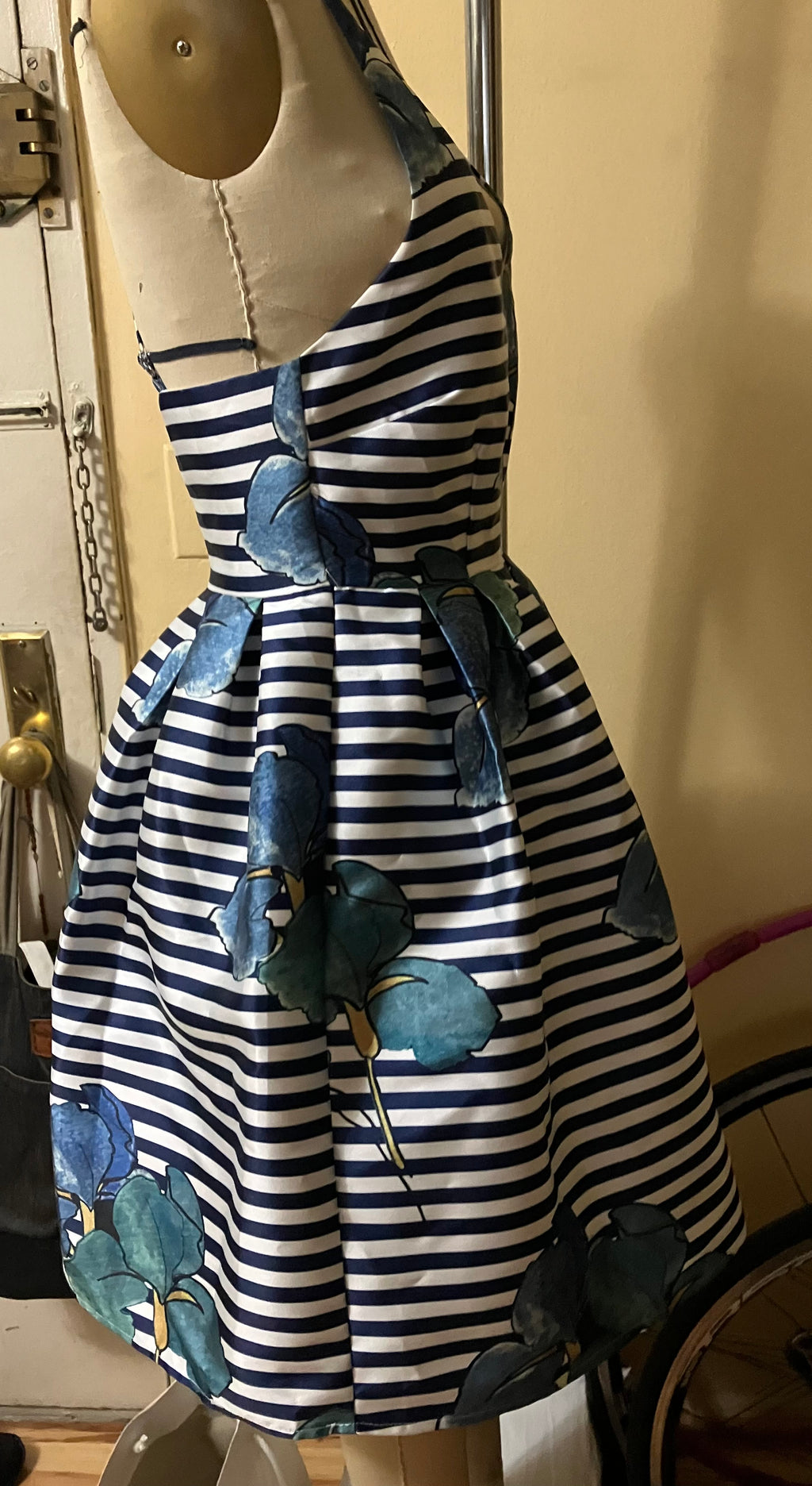 LIKE NEW - Navy Stripe Floral Appliqué Fit & Flare Dress – Size Small